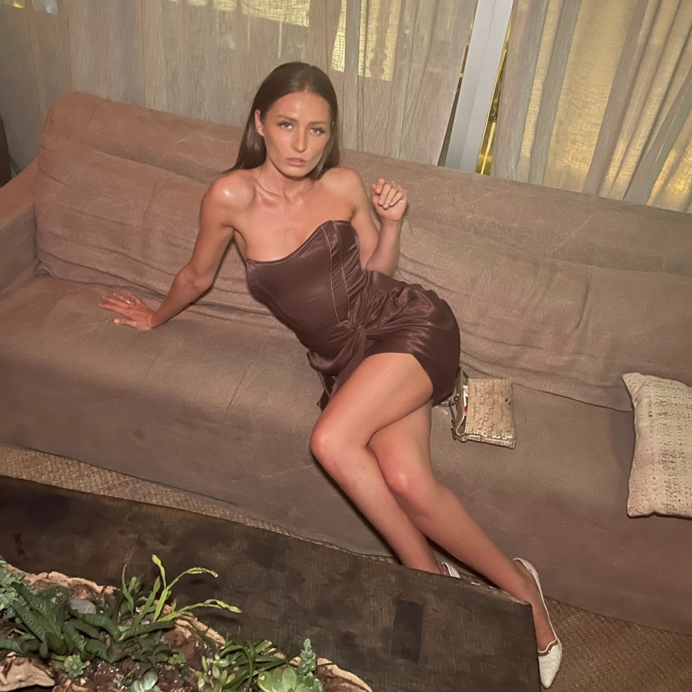 Brown Silk Corset Dress with White Exposed Stitching